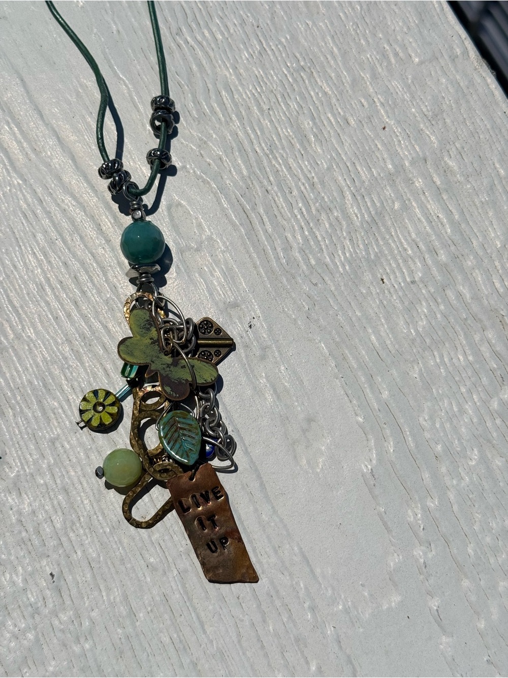Green Multi-Charm Pendant Necklace with Inspirational Tag. DYT type 3